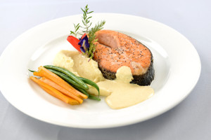 Pan-Roasted Salmon, Jasmine-scented Orange and Rosemary Beurre Blanc, Sautéed Haricot Vert and Squash, and Truffled Potato