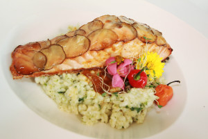 Lucia - Potato Crusted Baked Salmon with roasted bell     pepper coulis and spinach Risotto
