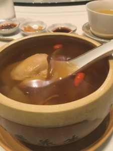 Double Boiled Sea Treasure in Cordycep Flower Soup has crab meat, fish maw (for abundance), dried scallops (to open new horizons), sea cucumber and cordyceps. 